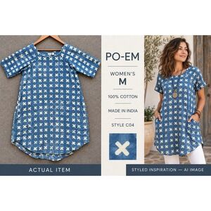 PO-EM Tunic Dress Womens C04 Cotton Block Print Blue M Excellent Boho Lagenlook